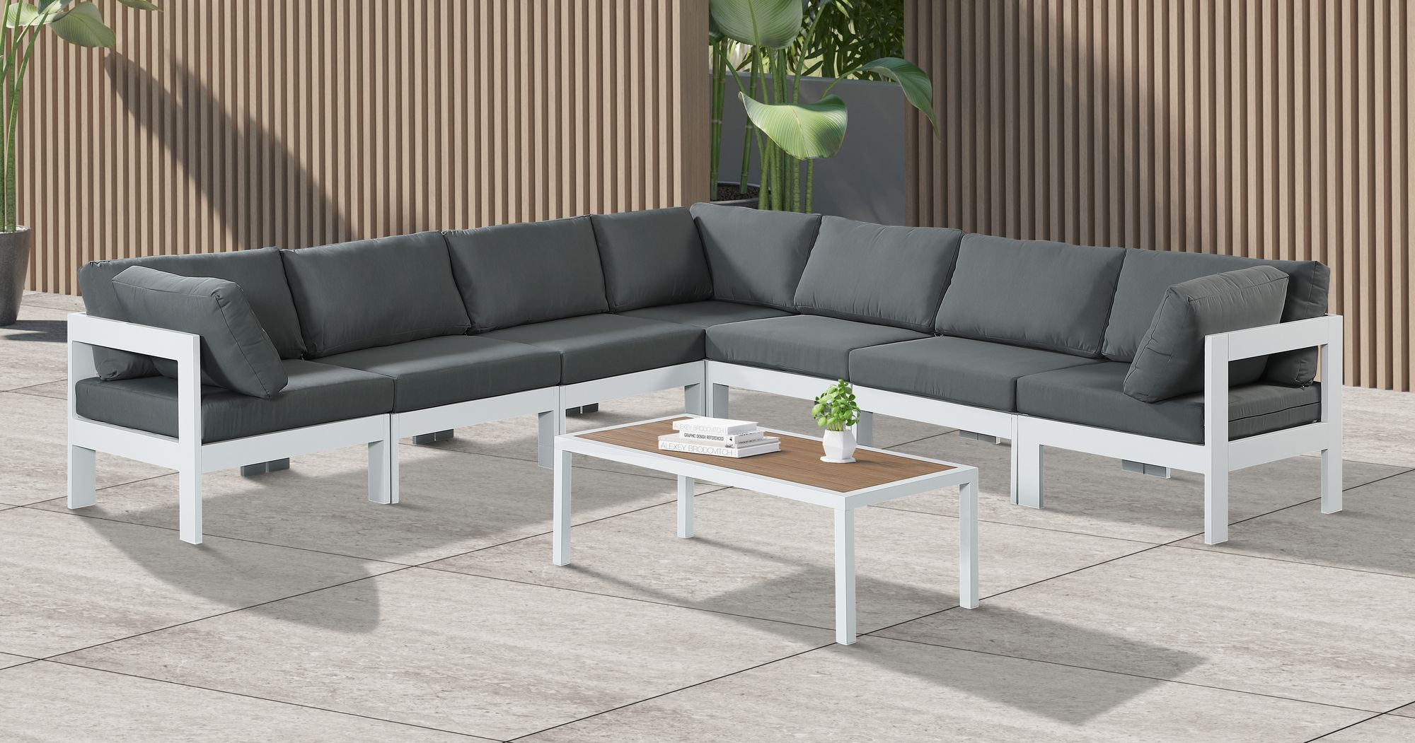 Nizuc 120" 7-Piece Outdoor Patio Waterproof Fabric Modular Sectional with White Aluminum Frame