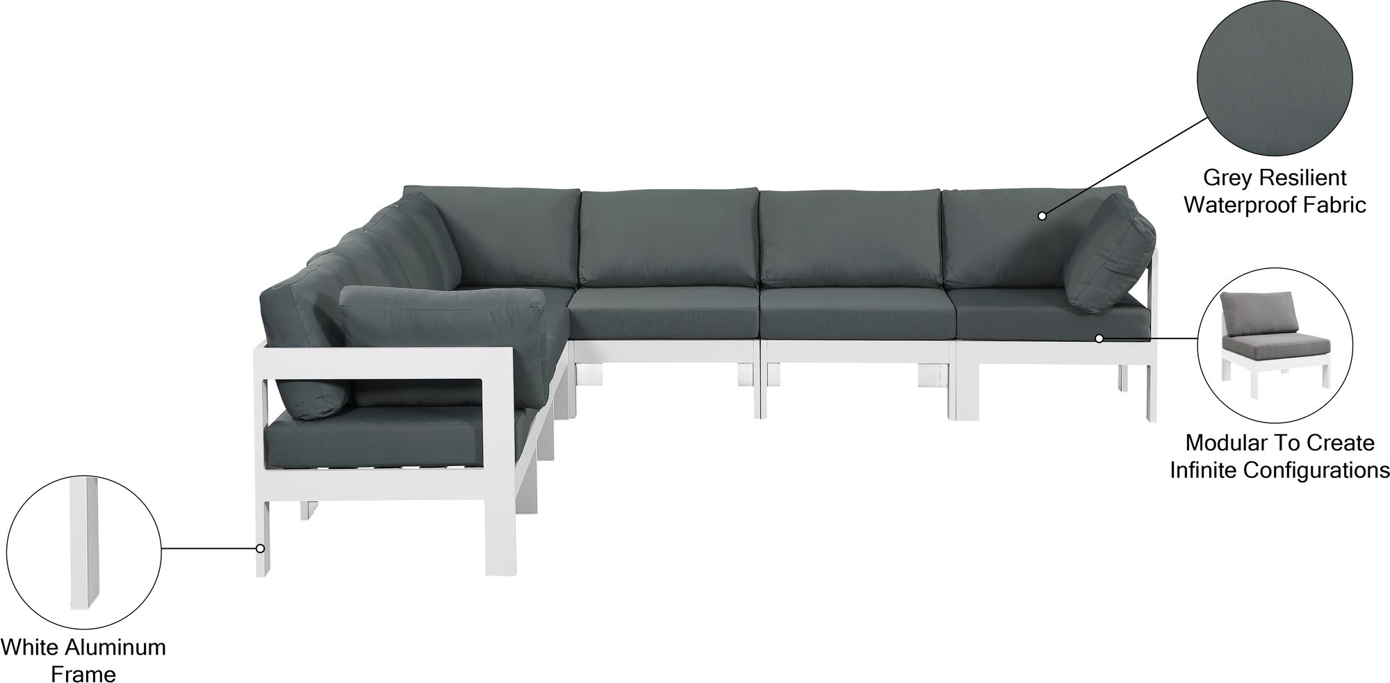 Nizuc 120" 7-Piece Outdoor Patio Waterproof Fabric Modular Sectional with White Aluminum Frame