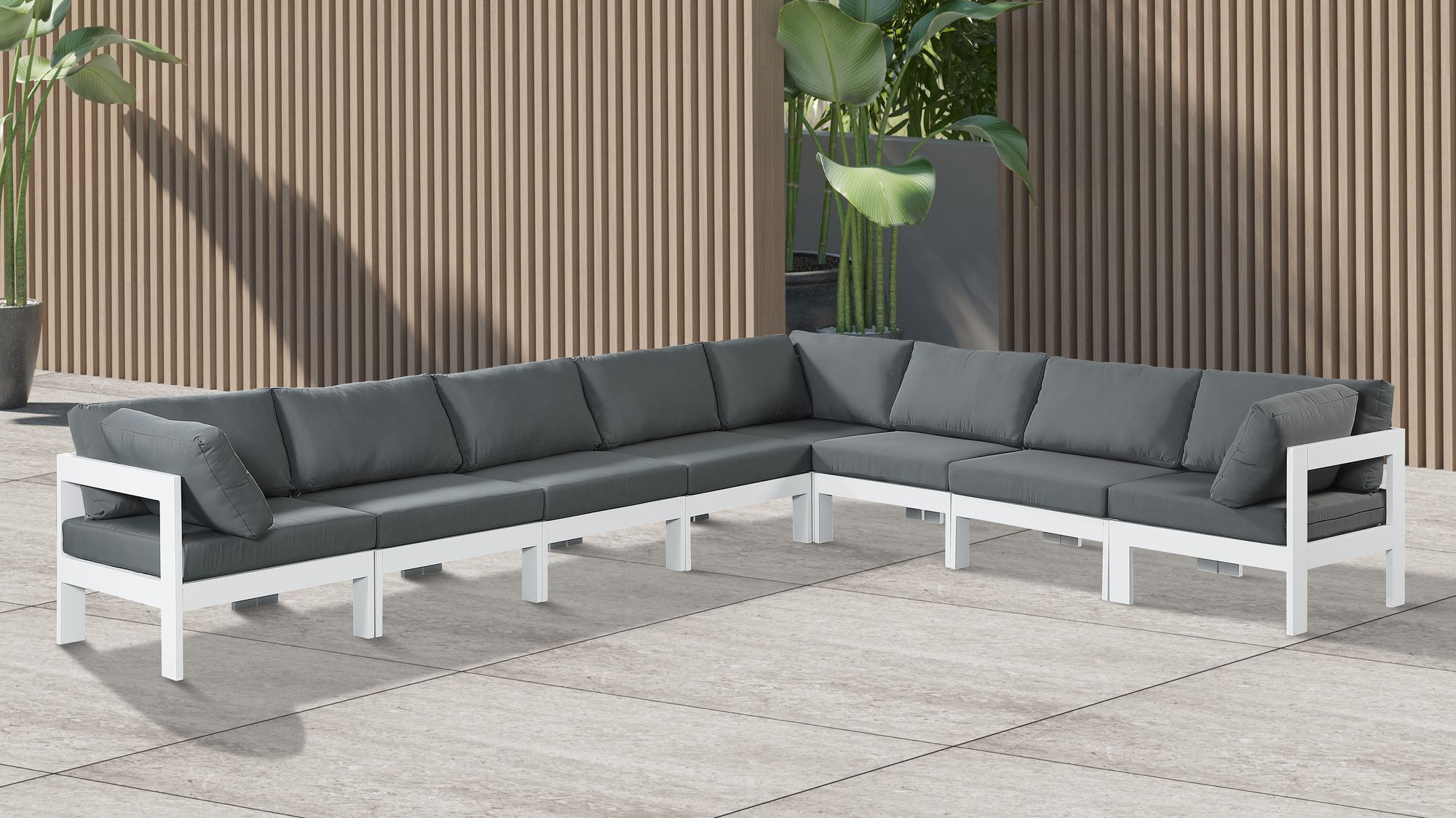 Nizuc 150" 8-Piece Outdoor Patio Waterproof Fabric Modular Sectional with White Aluminum Frame