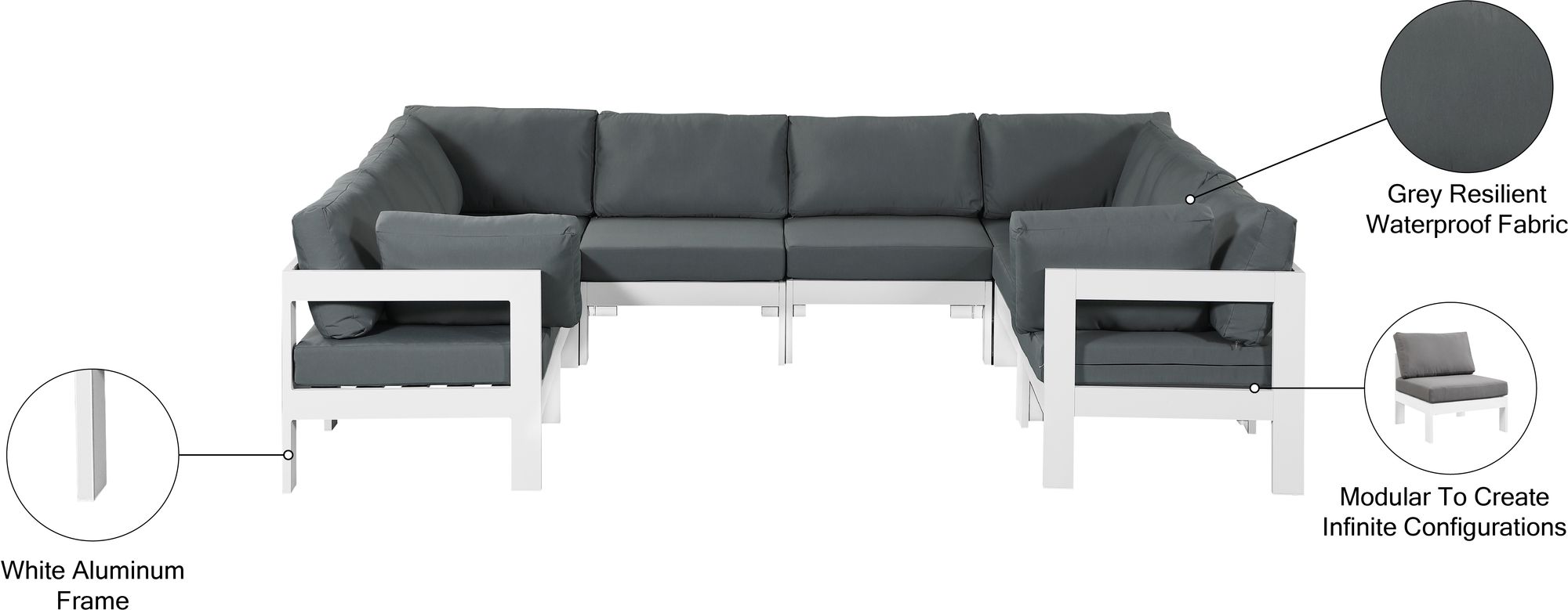 Nizuc 120" 8-Piece Outdoor Patio Waterproof Fabric Modular U-Shape Sectional with White Aluminum Frame