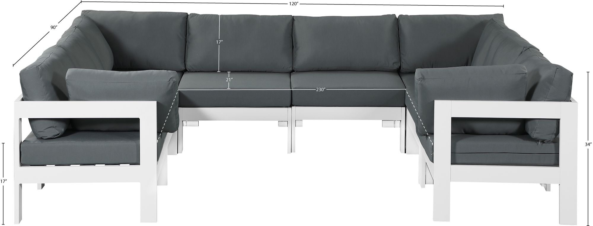 Nizuc 120" 8-Piece Outdoor Patio Waterproof Fabric Modular U-Shape Sectional with Aluminum Frame