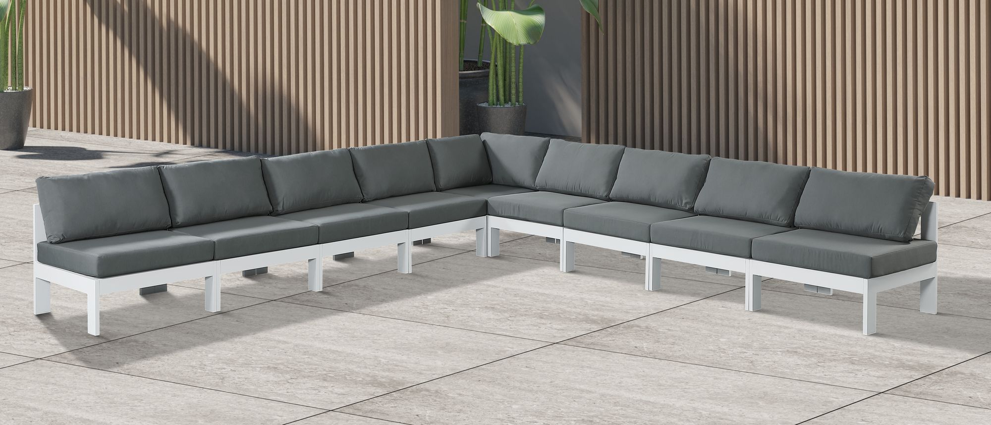 Nizuc 150" 9-Piece Outdoor Patio Waterproof Fabric Modular Armless Sectional with White Aluminum Frame