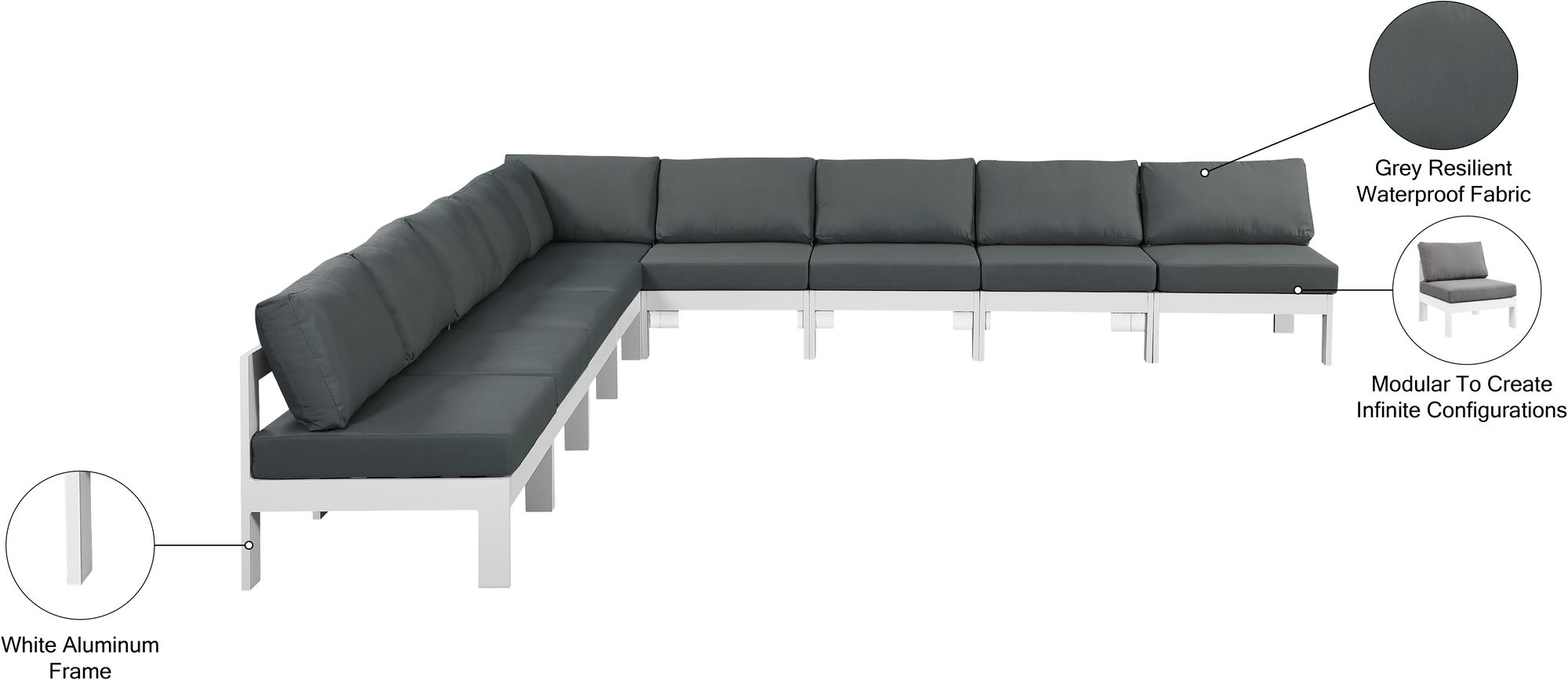 Nizuc 150" 9-Piece Outdoor Patio Waterproof Fabric Modular Armless Sectional with White Aluminum Frame