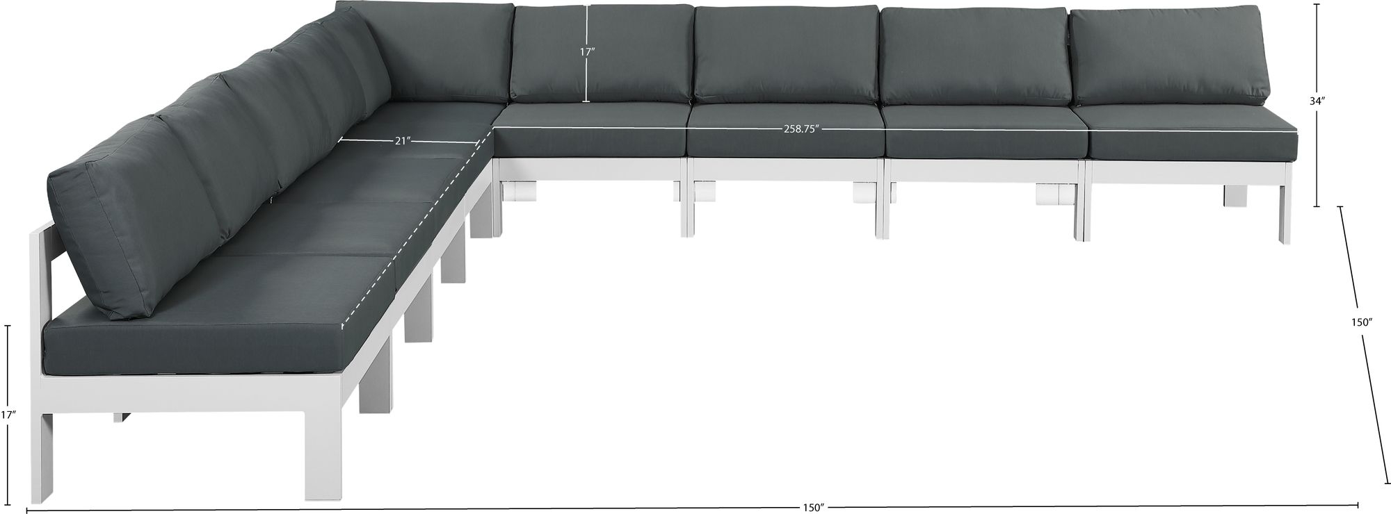 Nizuc 150" 9-Piece Outdoor Patio Waterproof Fabric Modular Armless Sectional with Aluminum Frame