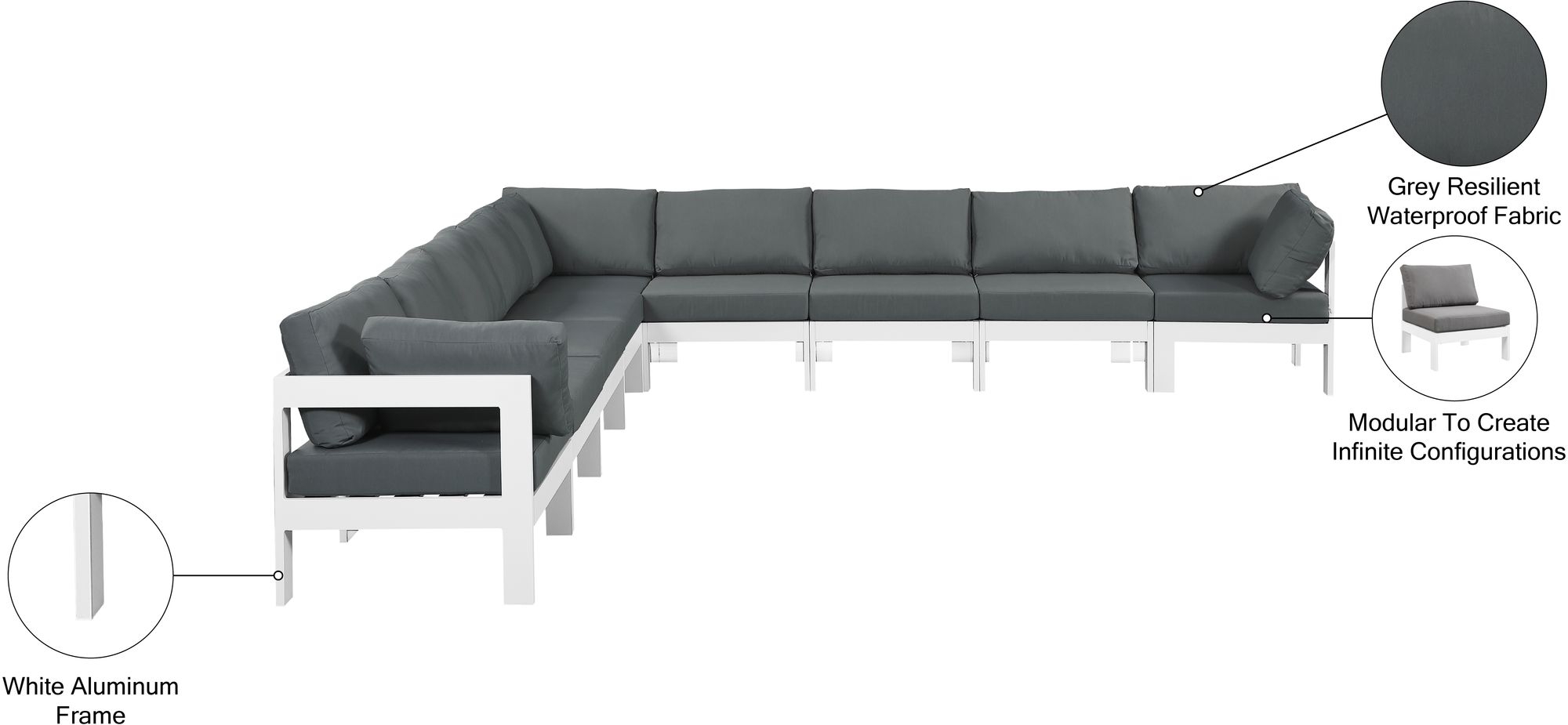 Nizuc 150" 9-Piece Outdoor Patio Waterproof Fabric Modular Sectional with Aluminum Frame