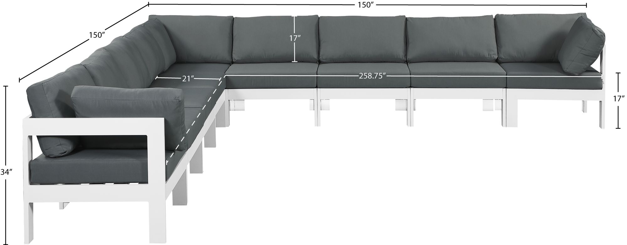 Nizuc 150" 9-Piece Outdoor Patio Waterproof Fabric Modular Sectional with Aluminum Frame