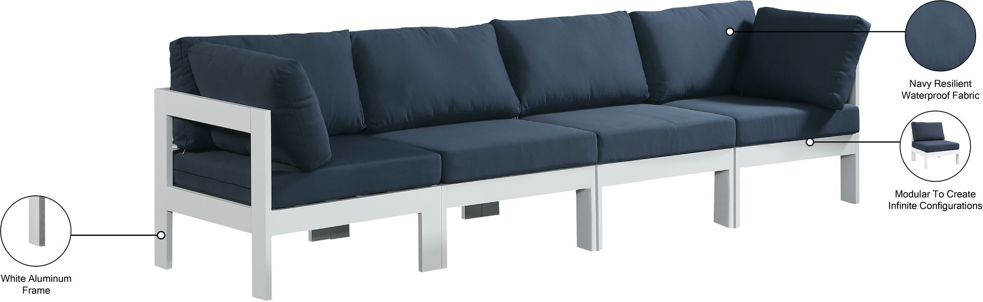 Nizuc 120" Outdoor Patio Waterproof Fabric Modular Sofa with White Aluminum Frame