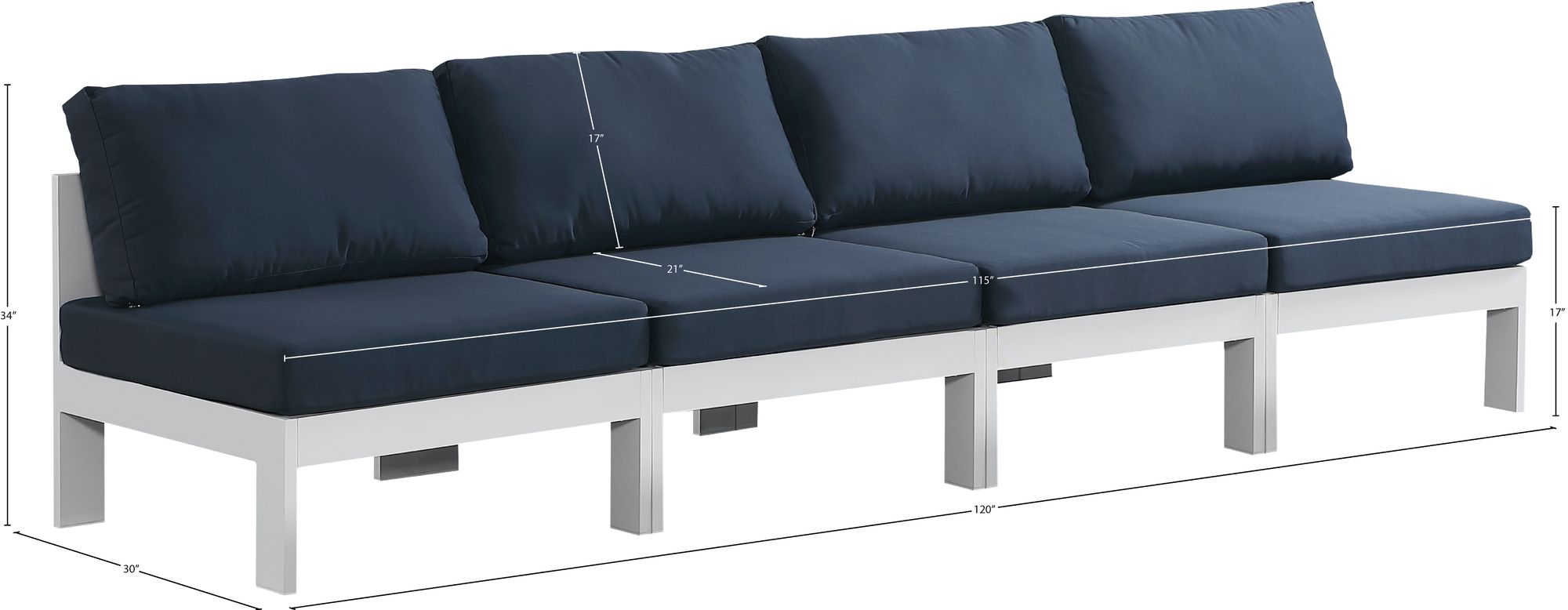 Nizuc 120" Outdoor Patio Waterproof Fabric Armless Modular Sofa with White Aluminum Frame