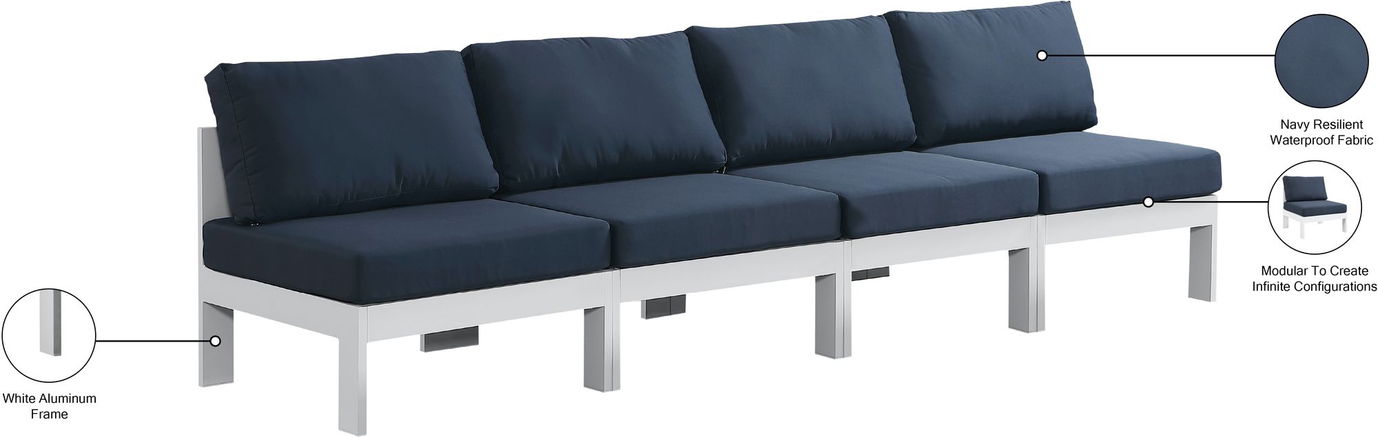 Nizuc 120" Outdoor Patio Waterproof Fabric Armless Modular Sofa with White Aluminum Frame