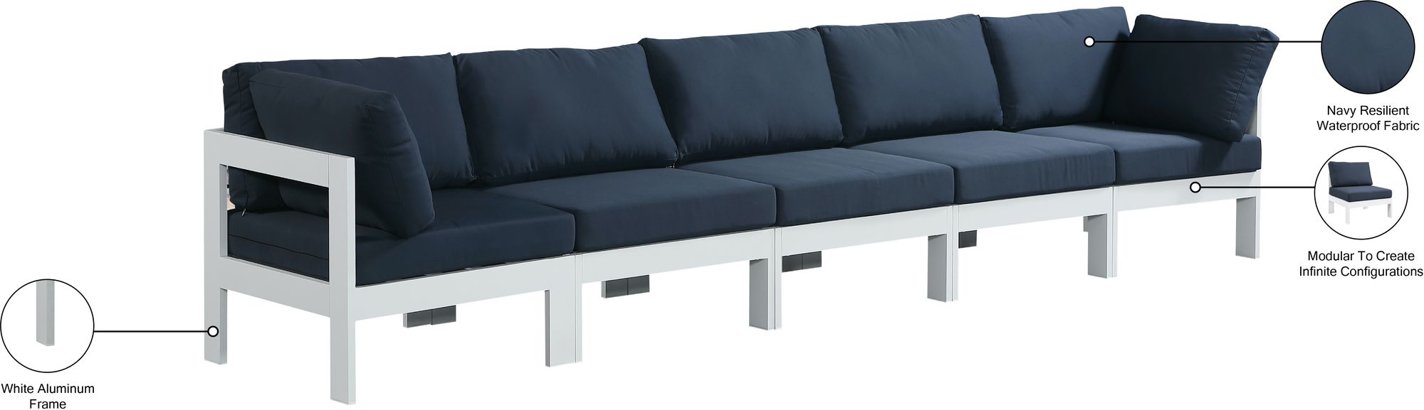 Nizuc 150" Outdoor Patio Waterproof Fabric Modular Sofa with White Aluminum Frame
