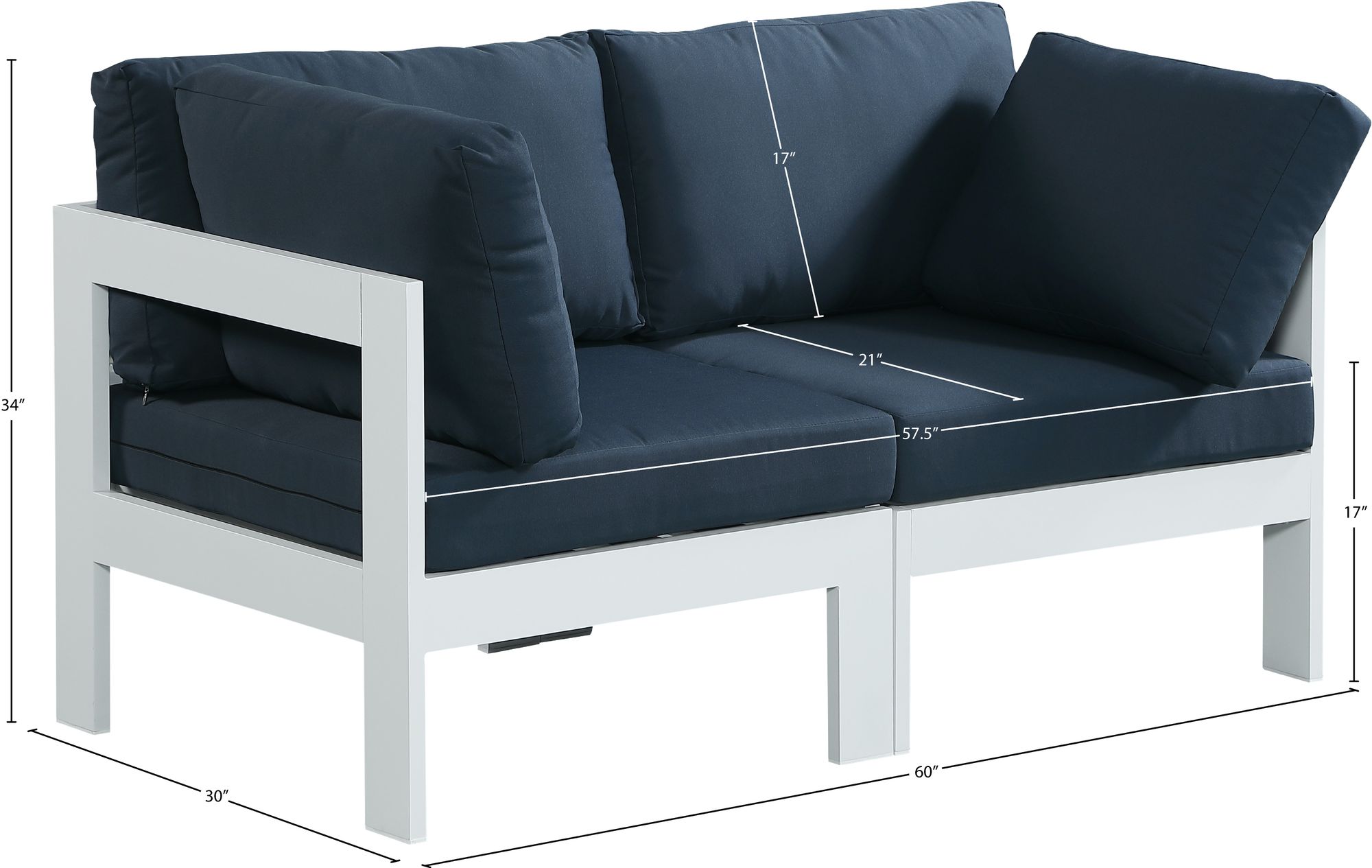 Nizuc 60" Outdoor Patio Waterproof Fabric Modular Sofa with White Aluminum Frame