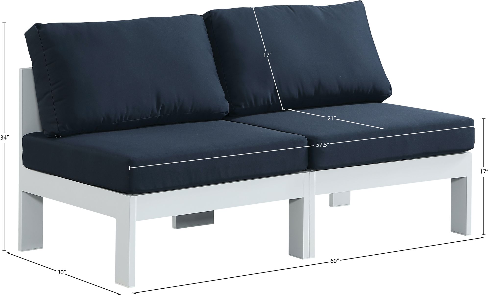 Nizuc 60" Outdoor Patio Waterproof Fabric Armless Modular Sofa with White Aluminum Frame