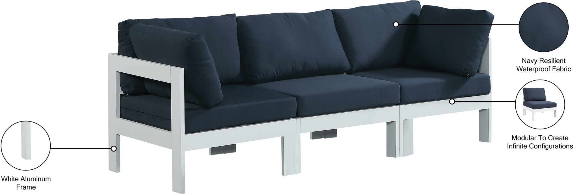 Nizuc 90" Outdoor Patio Waterproof Fabric Modular Sofa with White Aluminum Frame