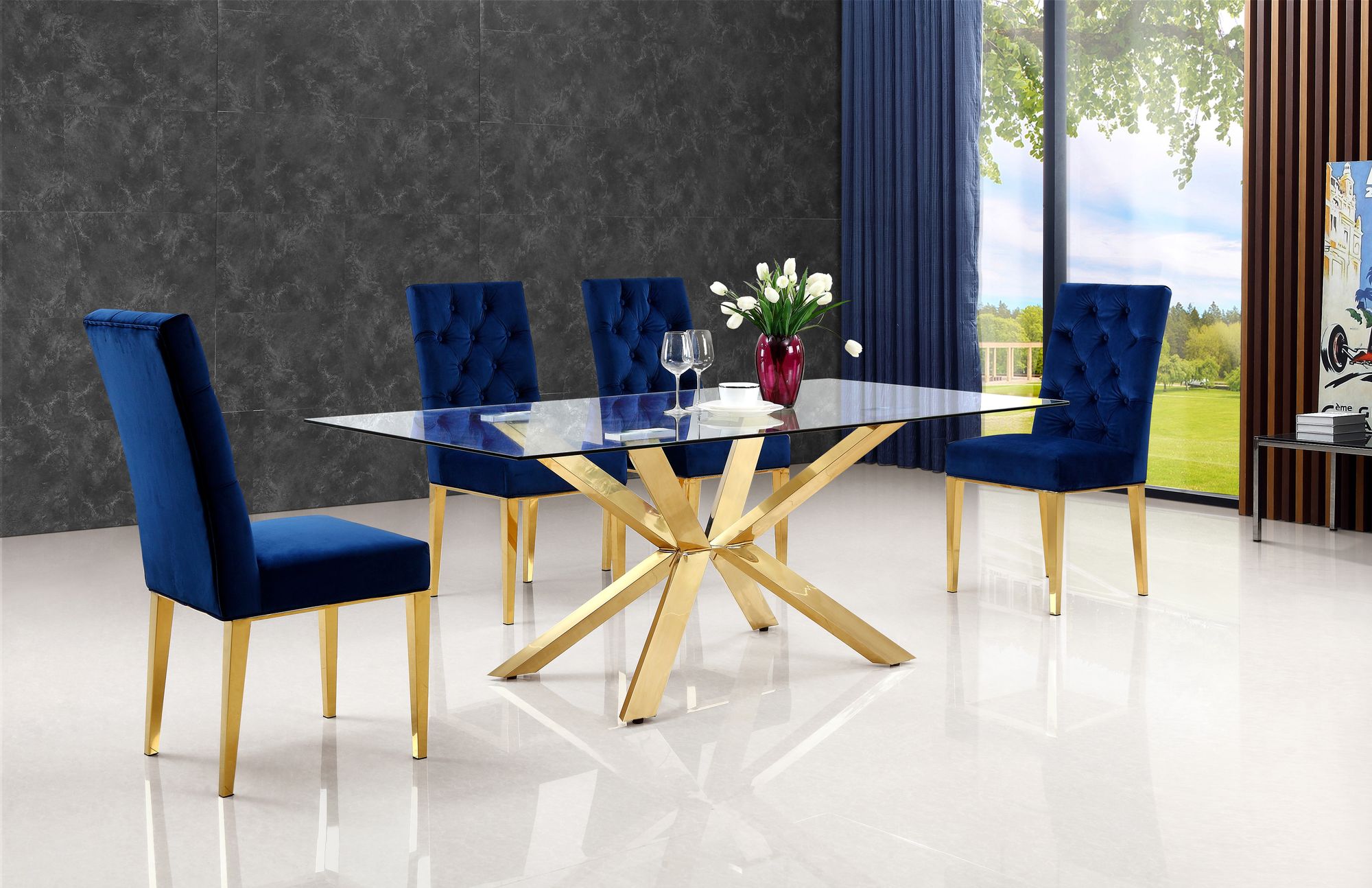 Capri 78" Rectangular Glass Dining Table with Gold Stainless Steel Base