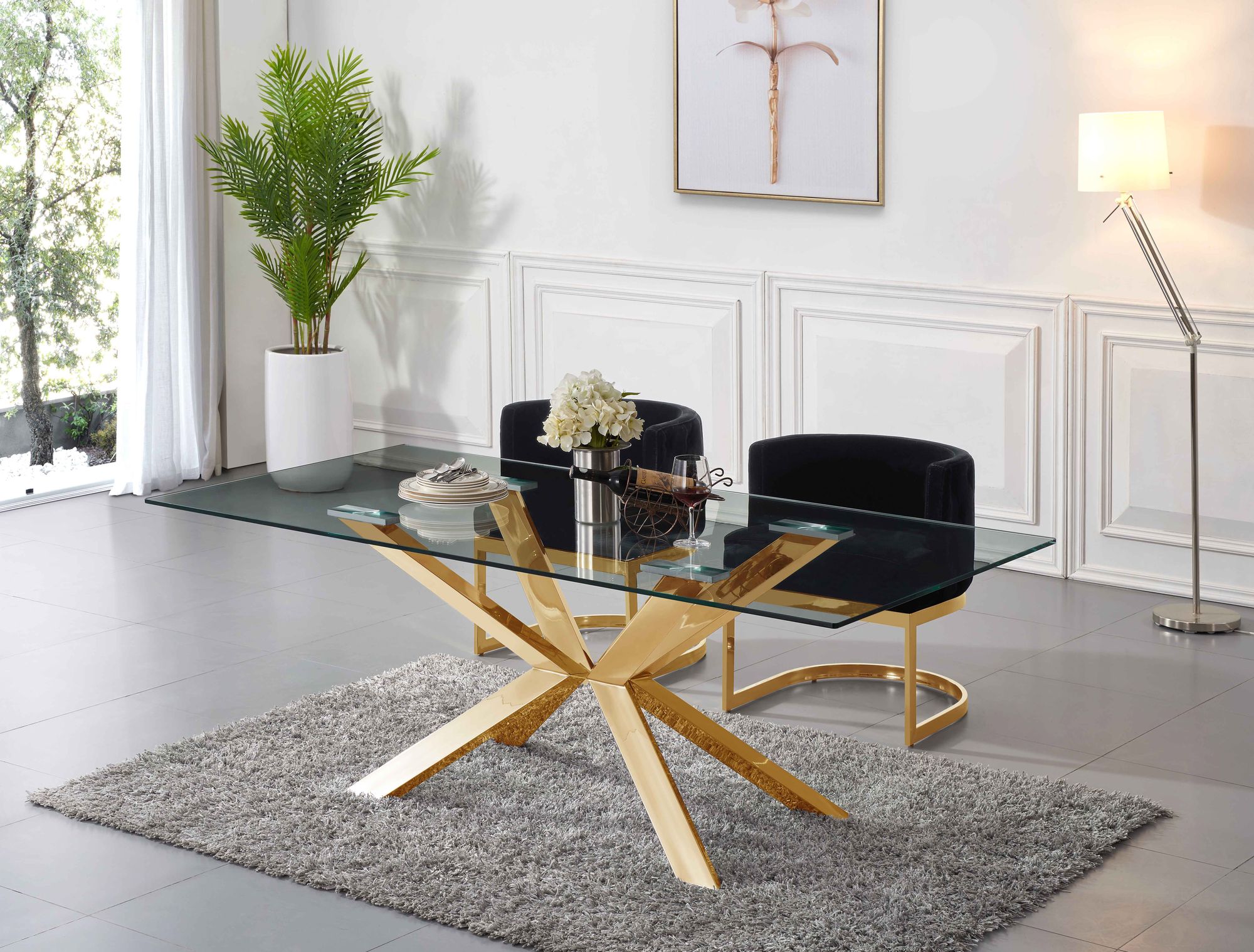 Capri 78" Rectangular Glass Dining Table with Gold Stainless Steel Base