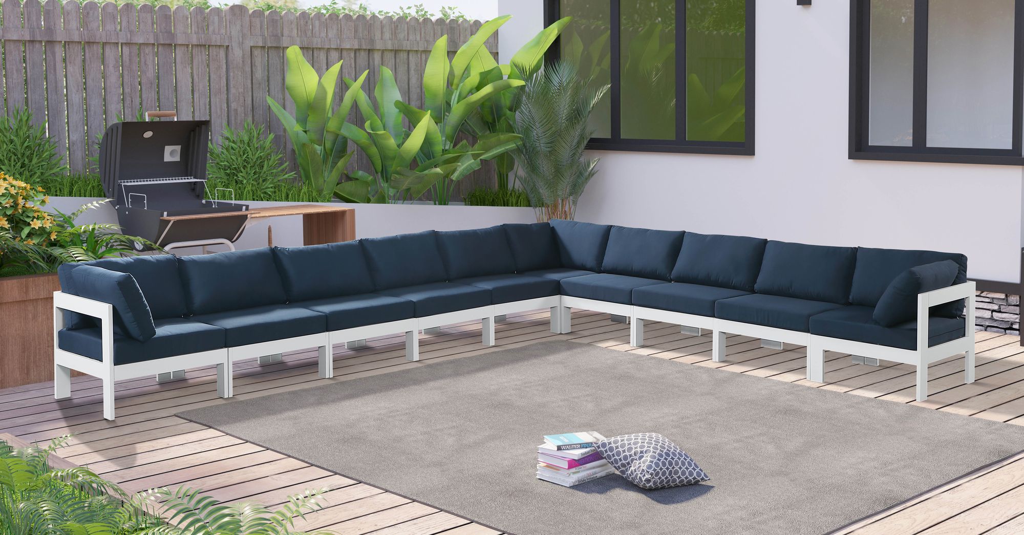 Nizuc 180" 10-Piece Outdoor Patio Waterproof Fabric Modular Sectional with White Aluminum Frame
