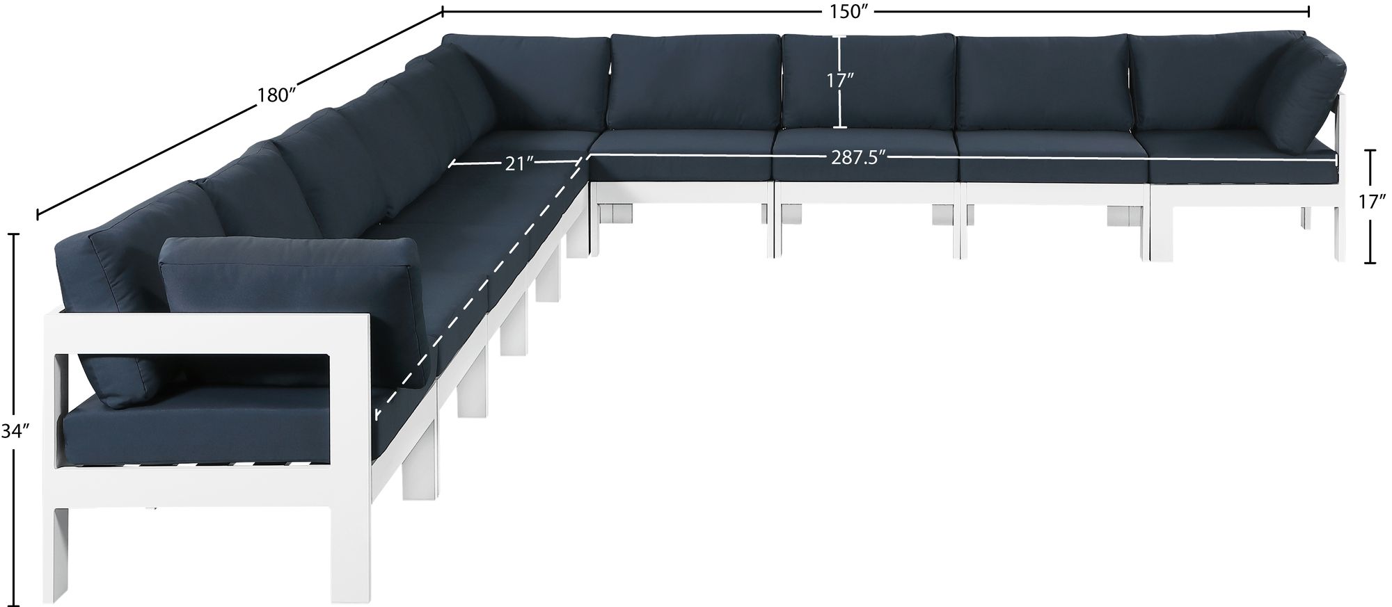 Nizuc 180" 10-Piece Outdoor Patio Waterproof Fabric Modular Sectional with White Aluminum Frame