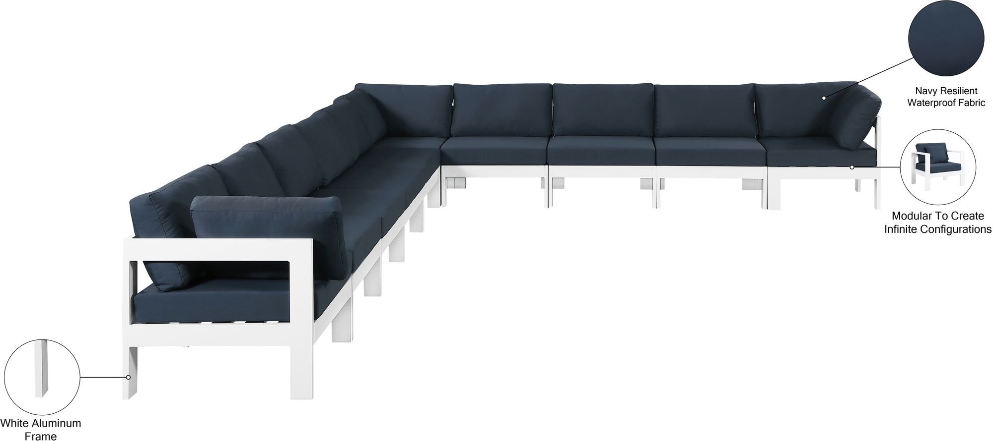 Nizuc 180" 10-Piece Outdoor Patio Waterproof Fabric Modular Sectional with Aluminum Frame