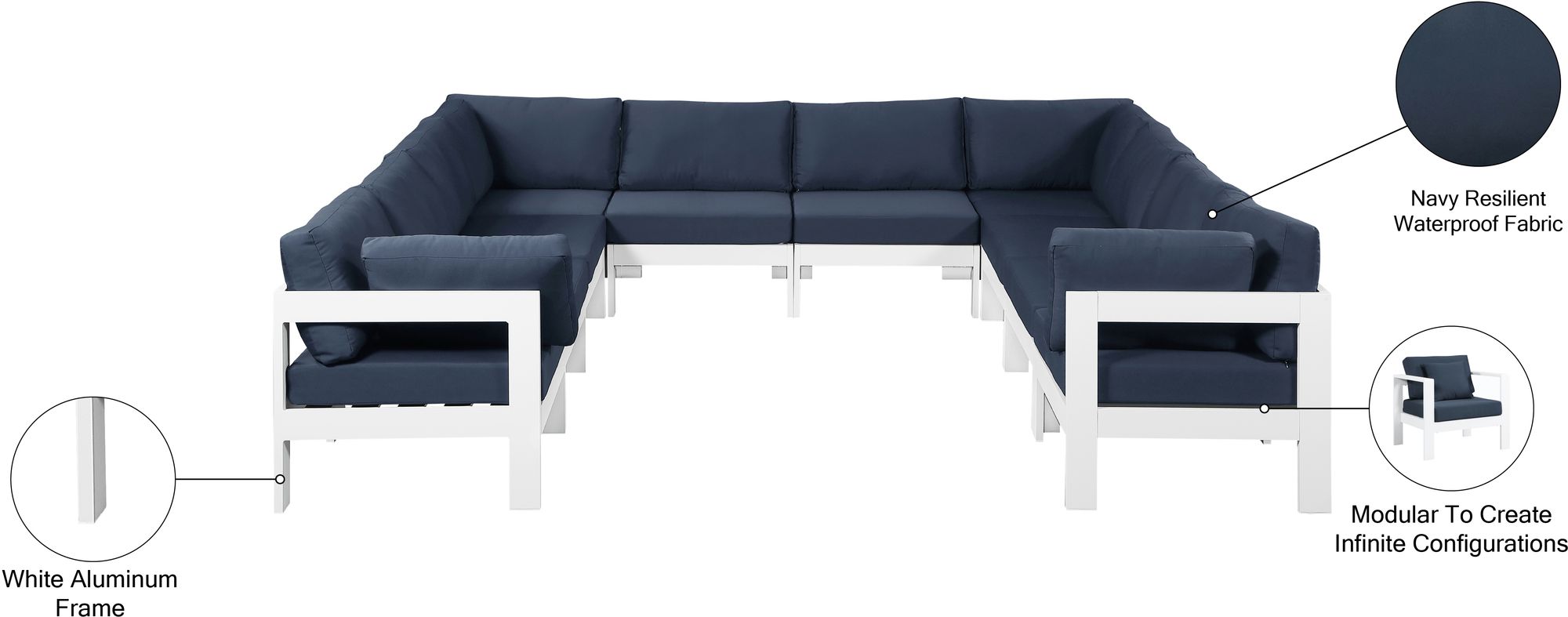 Nizuc 120" 10-Piece Outdoor Patio Waterproof Fabric Modular U-Shape Sectional with White Aluminum Frame