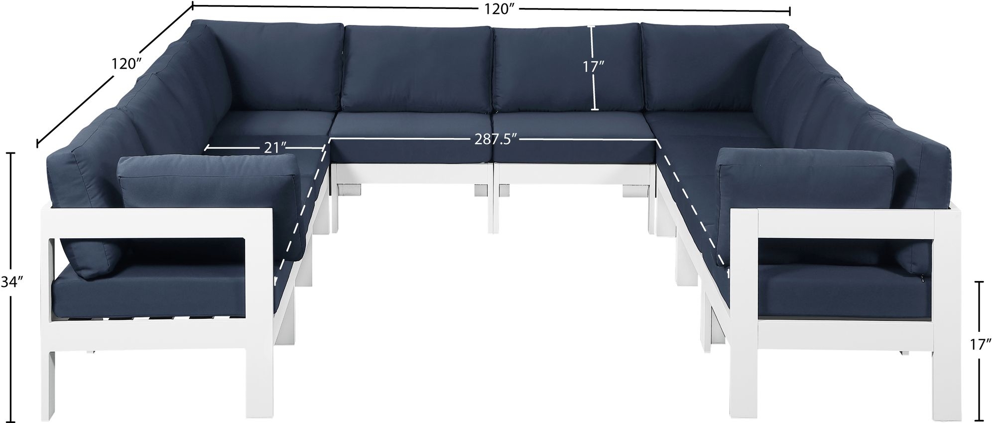 Nizuc 120" 10-Piece Outdoor Patio Waterproof Fabric Modular U-Shape Sectional with Aluminum Frame