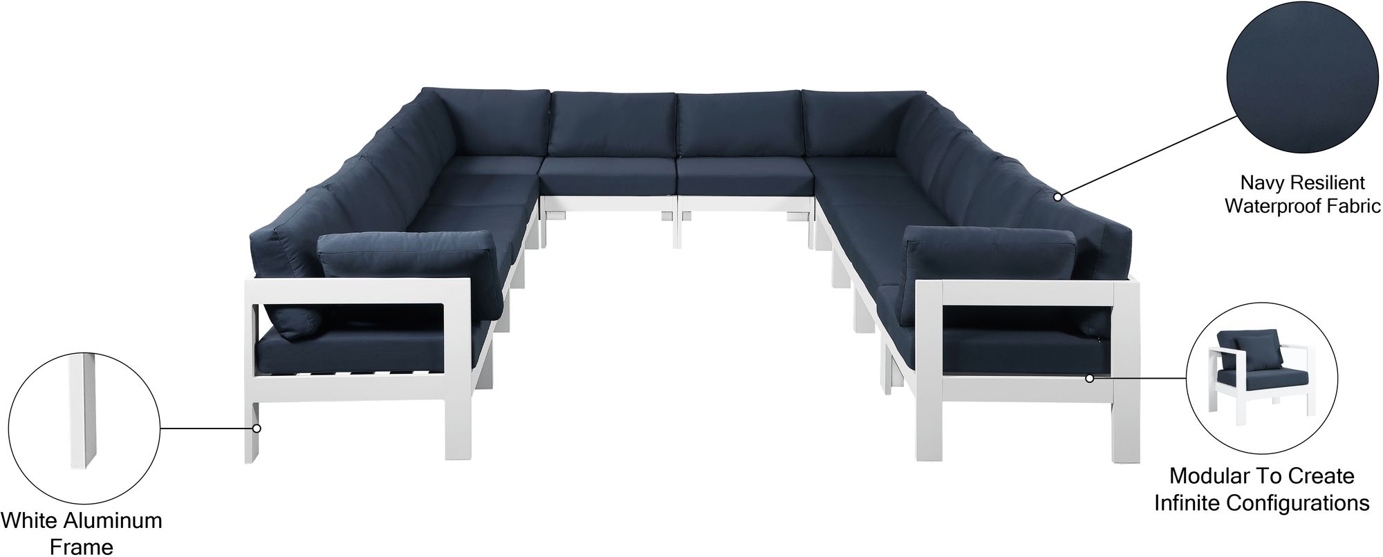 Nizuc 120" 12-Piece Outdoor Patio Waterproof Fabric Modular U-Shape Sectional with Aluminum Frame