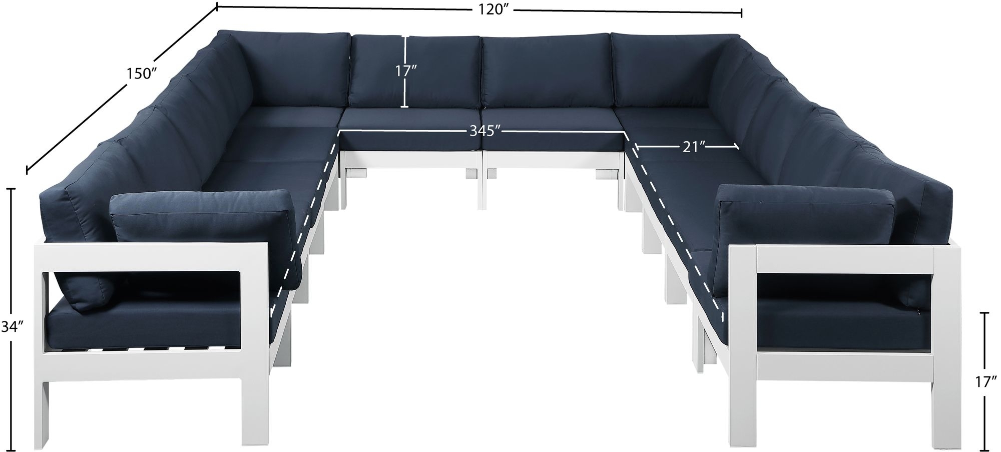 Nizuc 120" 12-Piece Outdoor Patio Waterproof Fabric Modular U-Shape Sectional with Aluminum Frame