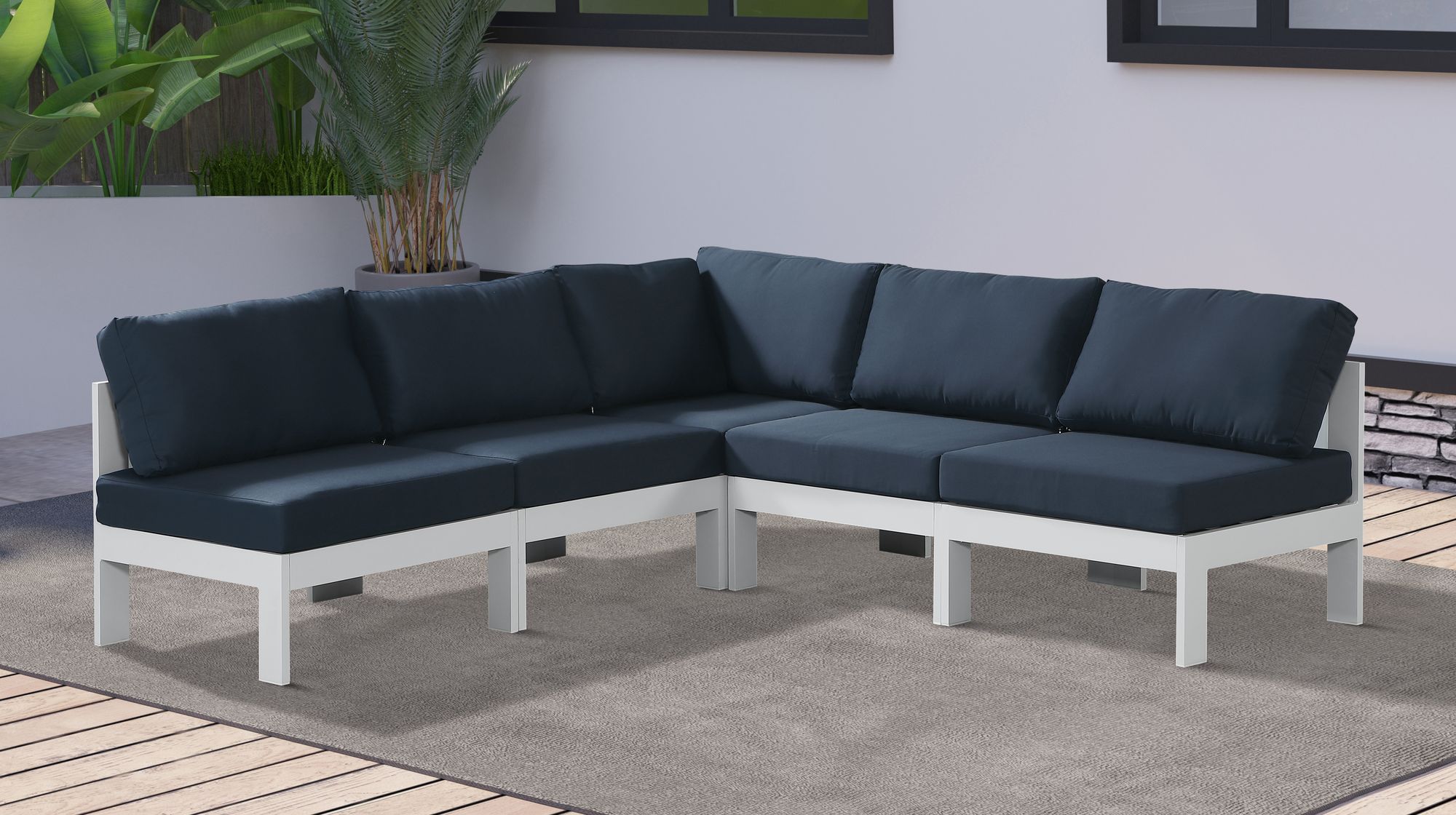 Nizuc 90" 5-Piece Outdoor Patio Waterproof Fabric Modular Armless Sectional with White Aluminum Frame