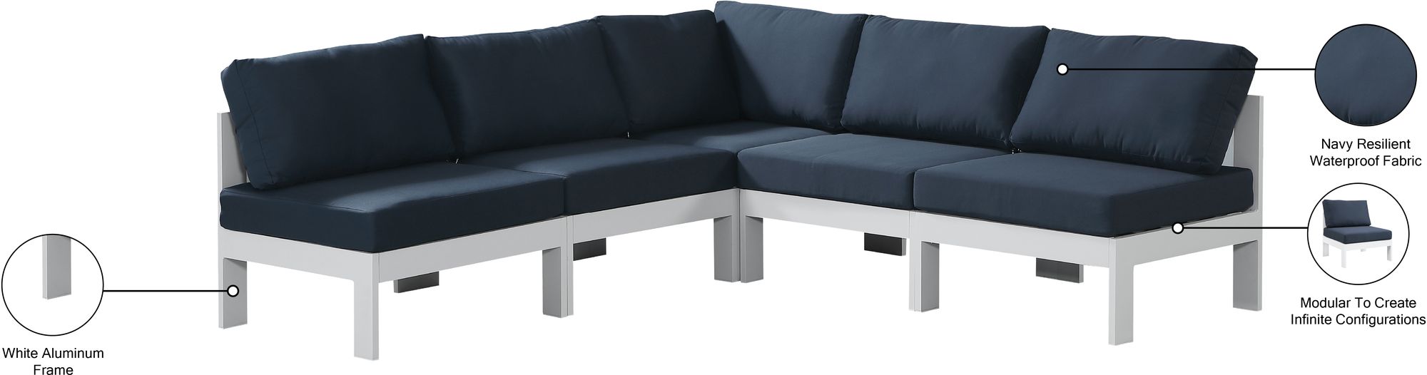 Nizuc 90" 5-Piece Outdoor Patio Waterproof Fabric Modular Armless Sectional with White Aluminum Frame