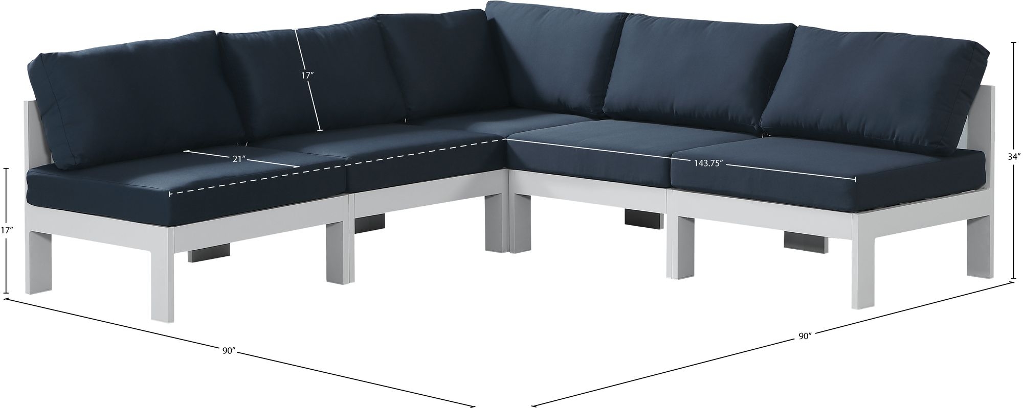 Nizuc 90" 5-Piece Outdoor Patio Waterproof Fabric Modular Armless Sectional with Aluminum Frame