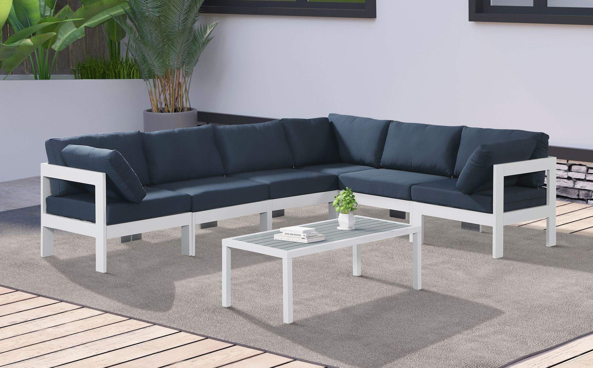 Nizuc 120" 6-Piece Outdoor Patio Waterproof Fabric Modular Sectional with White Aluminum Frame