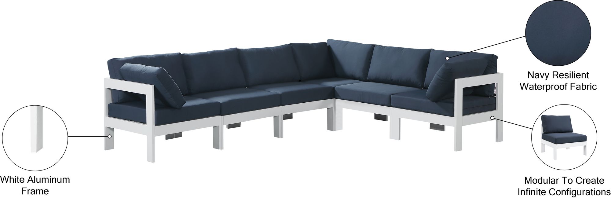 Nizuc 120" 6-Piece Outdoor Patio Waterproof Fabric Modular Sectional with White Aluminum Frame