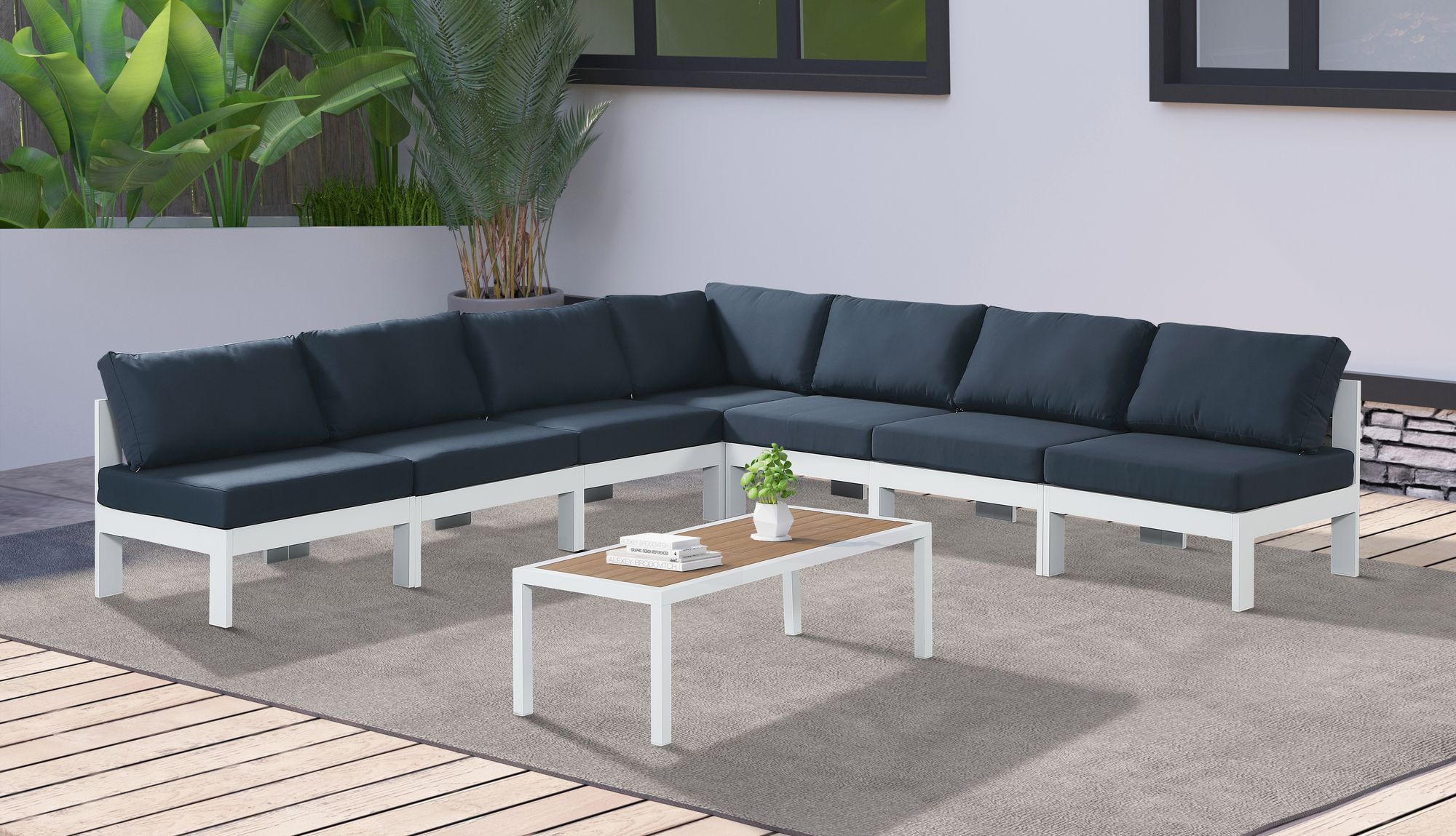 Nizuc 120" 7-Piece Outdoor Patio Waterproof Fabric Modular Armless Sectional with White Aluminum Frame