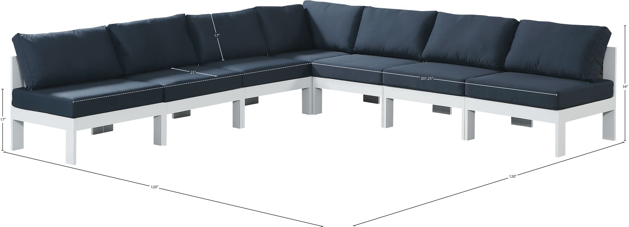 Nizuc 120" 7-Piece Outdoor Patio Waterproof Fabric Modular Armless Sectional with Aluminum Frame