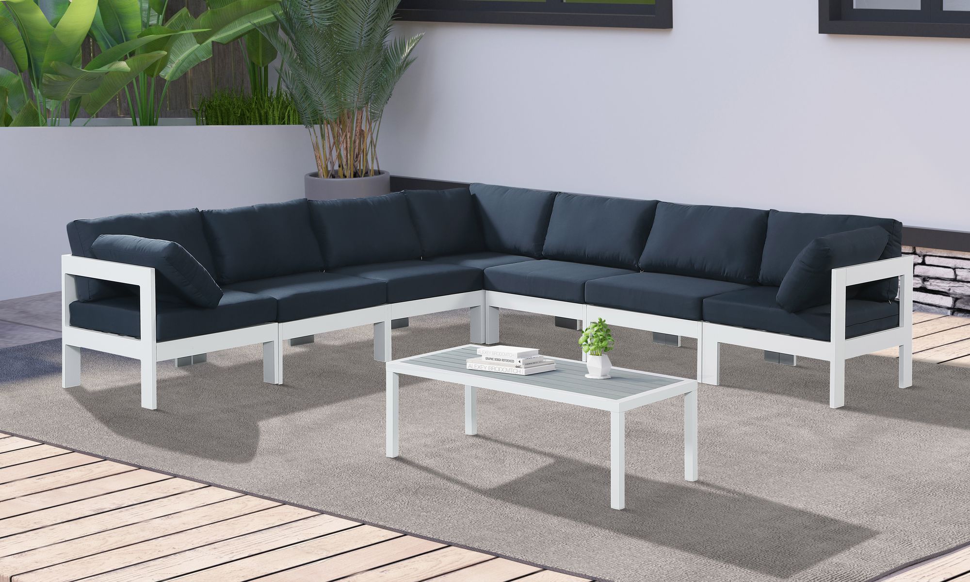 Nizuc 120" 7-Piece Outdoor Patio Waterproof Fabric Modular Sectional with White Aluminum Frame