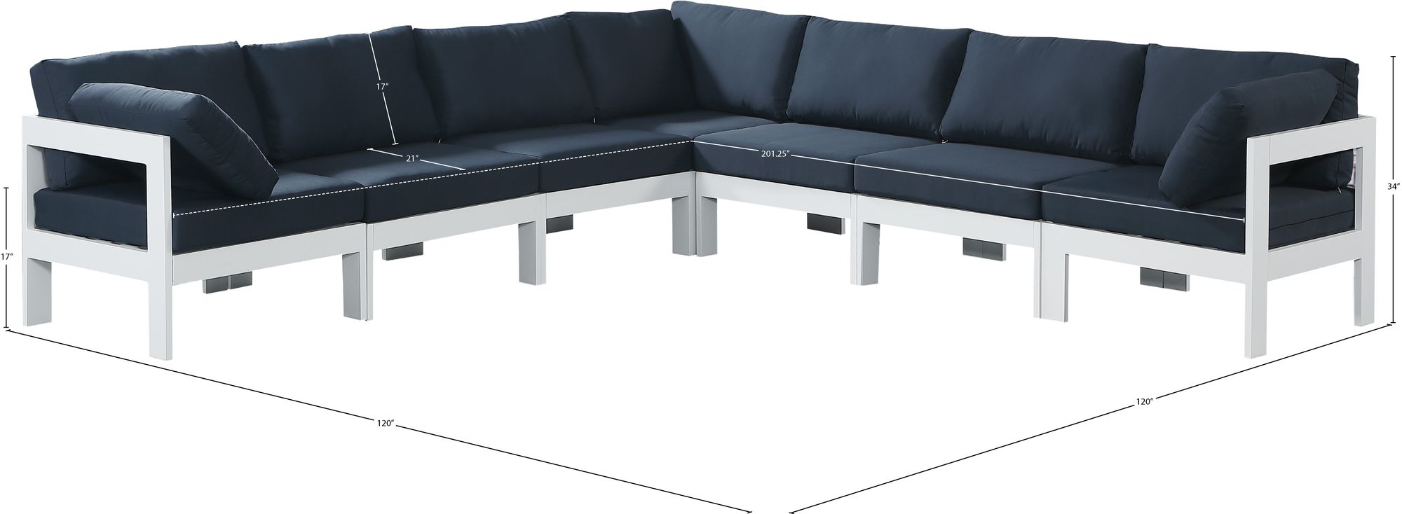 Nizuc 120" 7-Piece Outdoor Patio Waterproof Fabric Modular Sectional with White Aluminum Frame
