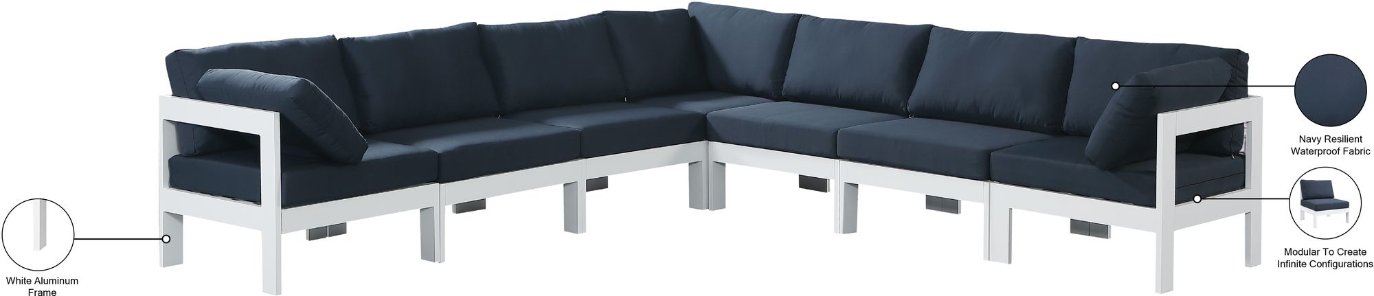 Nizuc 120" 7-Piece Outdoor Patio Waterproof Fabric Modular Sectional with White Aluminum Frame