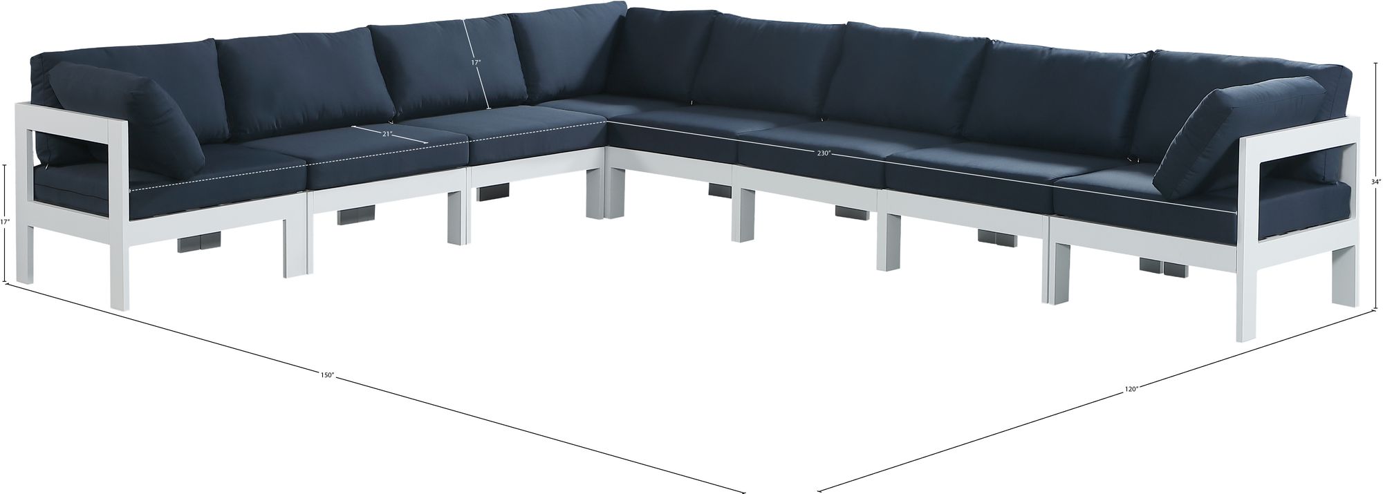 Nizuc 150" 8-Piece Outdoor Patio Waterproof Fabric Modular Sectional with White Aluminum Frame