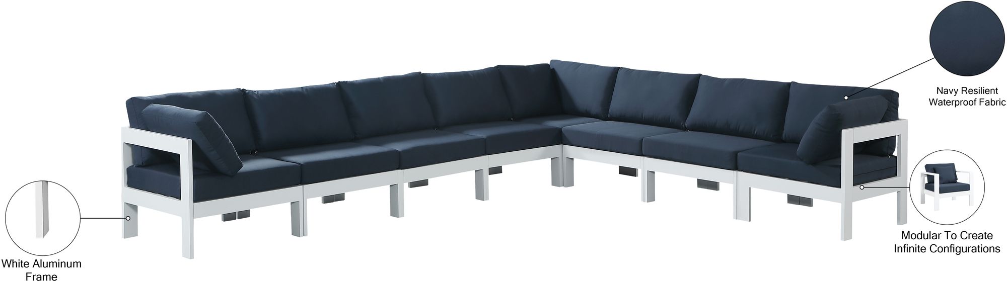 Nizuc 150" 8-Piece Outdoor Patio Waterproof Fabric Modular Sectional with White Aluminum Frame