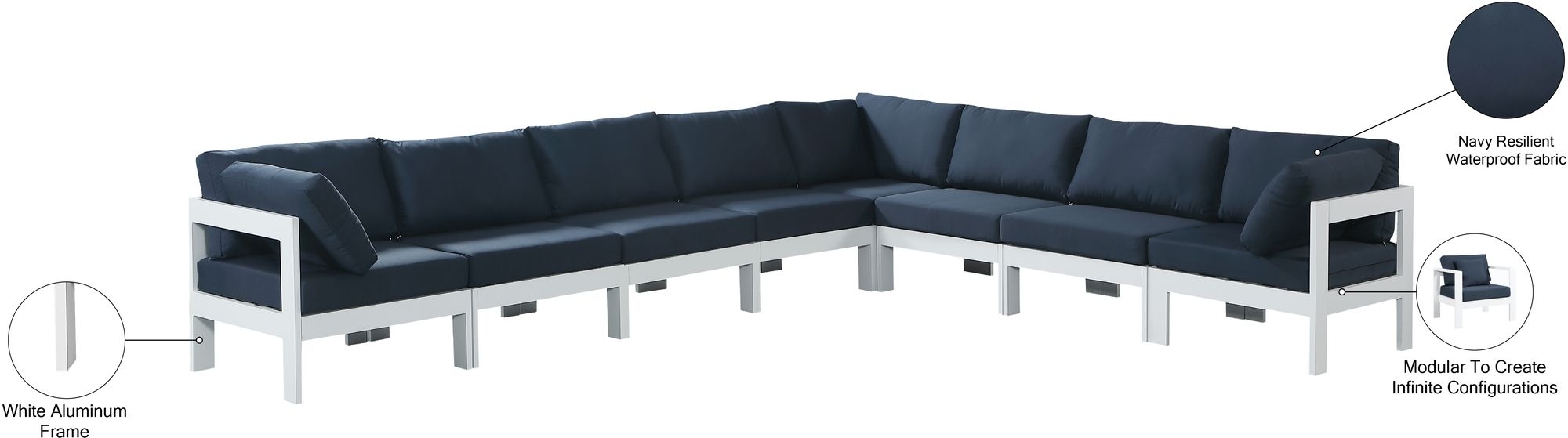 Nizuc 150" 8-Piece Outdoor Patio Waterproof Fabric Modular Sectional with Aluminum Frame