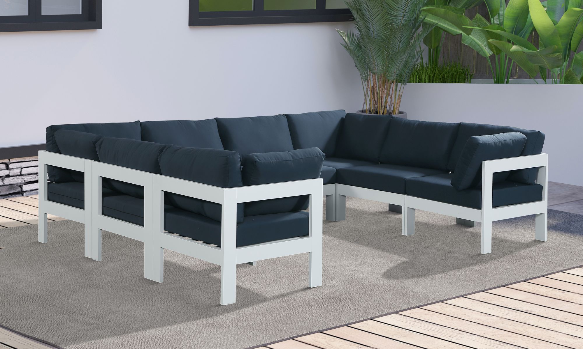 Nizuc 120" 8-Piece Outdoor Patio Waterproof Fabric Modular U-Shape Sectional with White Aluminum Frame