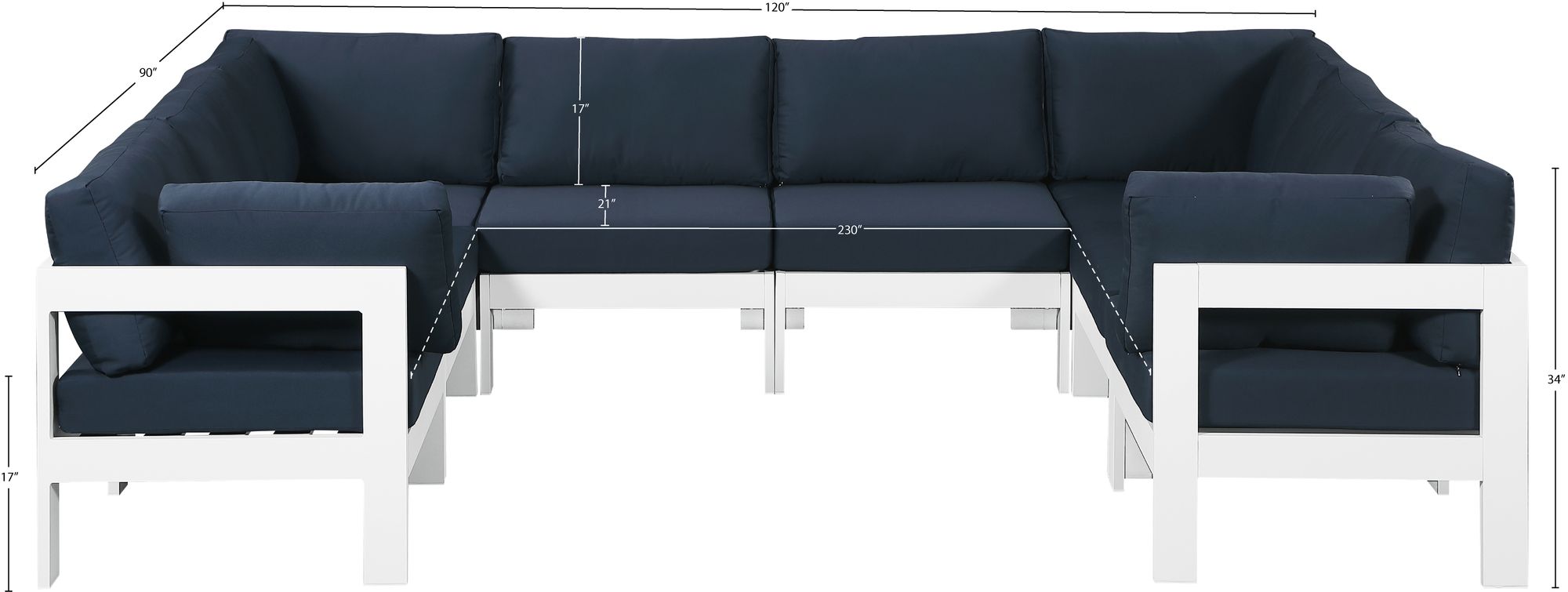 Nizuc 120" 8-Piece Outdoor Patio Waterproof Fabric Modular U-Shape Sectional with White Aluminum Frame