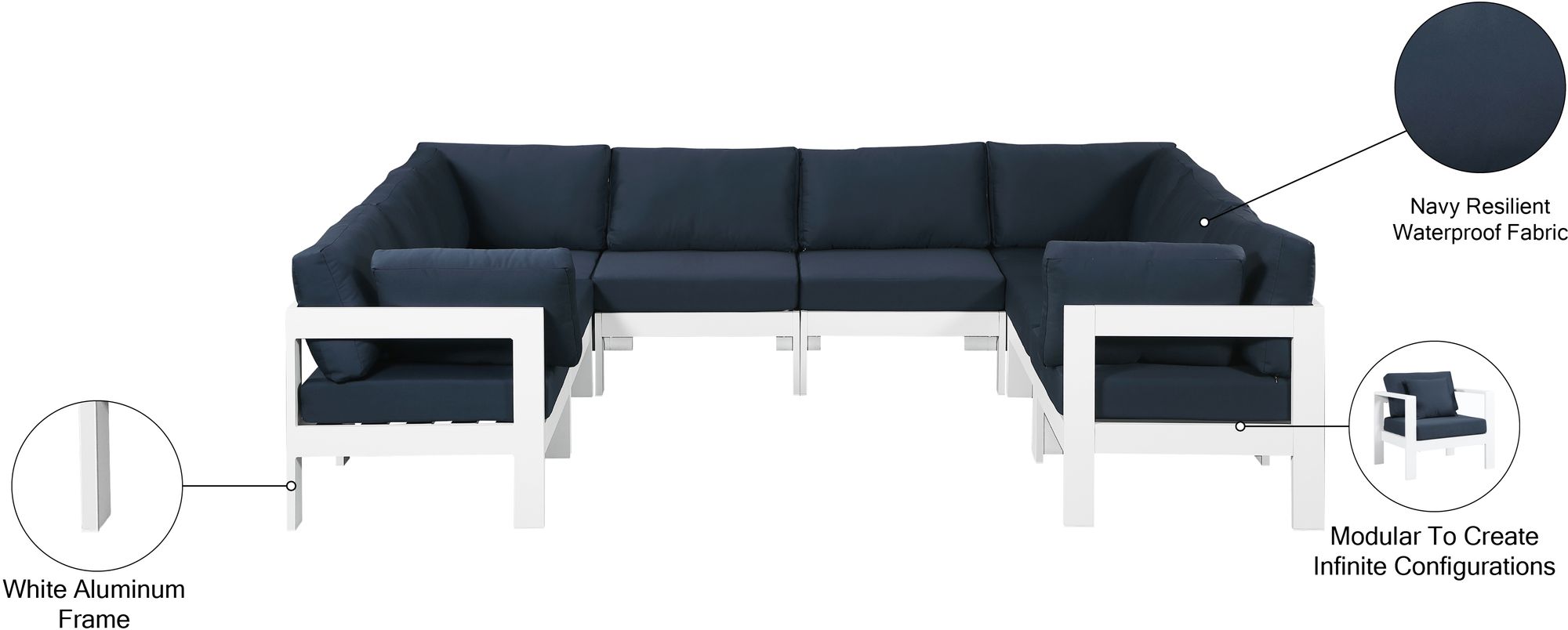 Nizuc 120" 8-Piece Outdoor Patio Waterproof Fabric Modular U-Shape Sectional with White Aluminum Frame