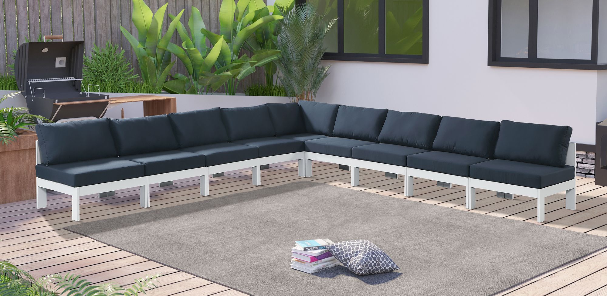 Nizuc 150" 9-Piece Outdoor Patio Waterproof Fabric Modular Armless Sectional with White Aluminum Frame