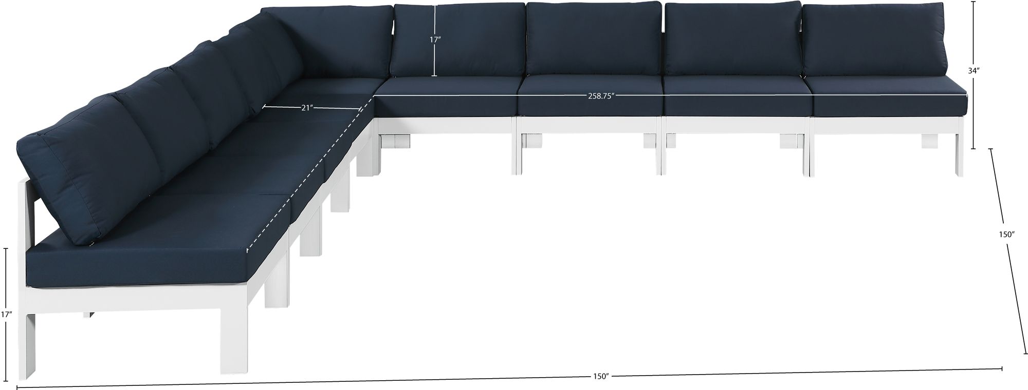 Nizuc 150" 9-Piece Outdoor Patio Waterproof Fabric Modular Armless Sectional with White Aluminum Frame