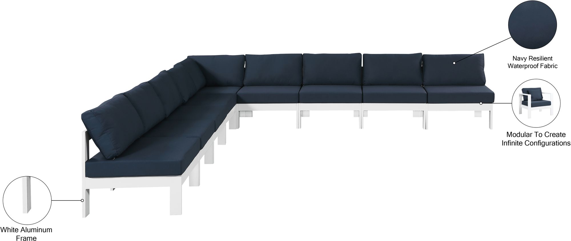 Nizuc 150" 9-Piece Outdoor Patio Waterproof Fabric Modular Armless Sectional with White Aluminum Frame