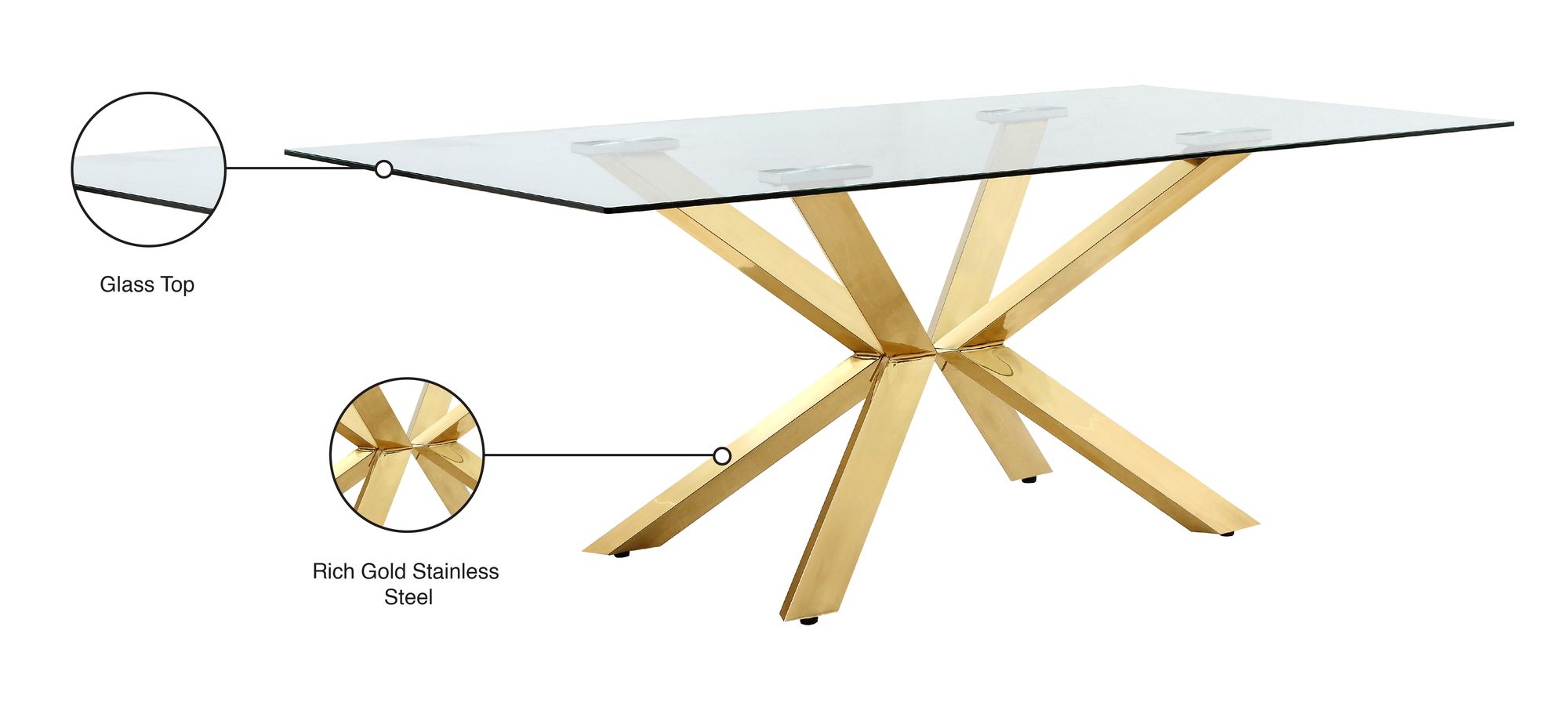 Capri 78" Rectangular Glass Dining Table with Gold Stainless Steel Base