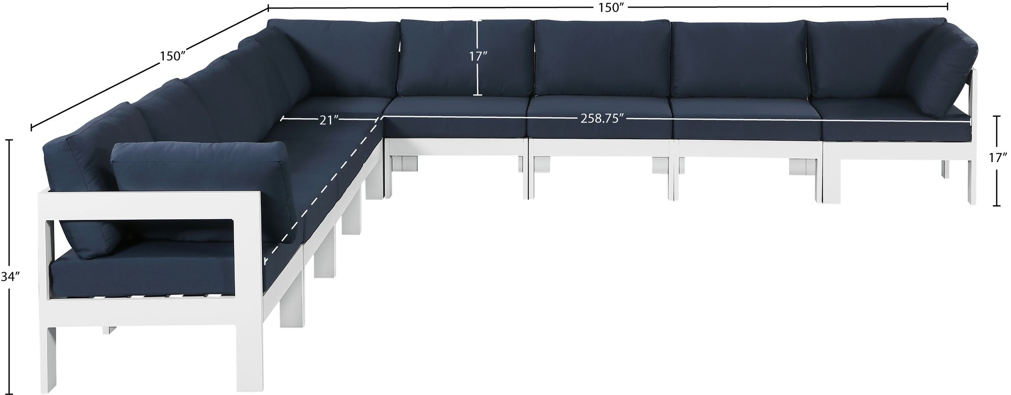 Nizuc 150" 9-Piece Outdoor Patio Waterproof Fabric Modular Sectional with White Aluminum Frame