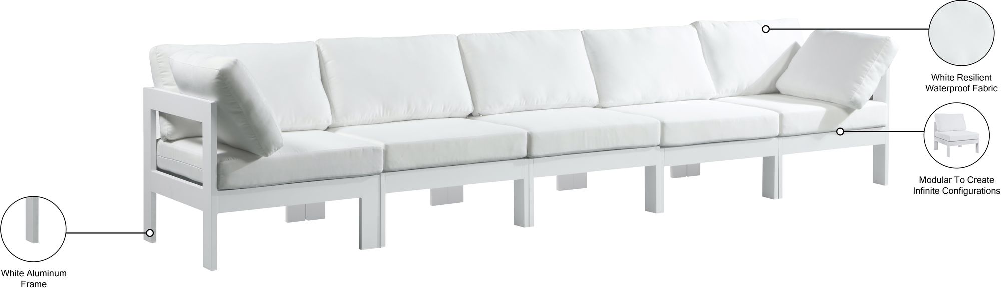 Nizuc 150" Outdoor Patio Waterproof Fabric Modular Sofa with White Aluminum Frame