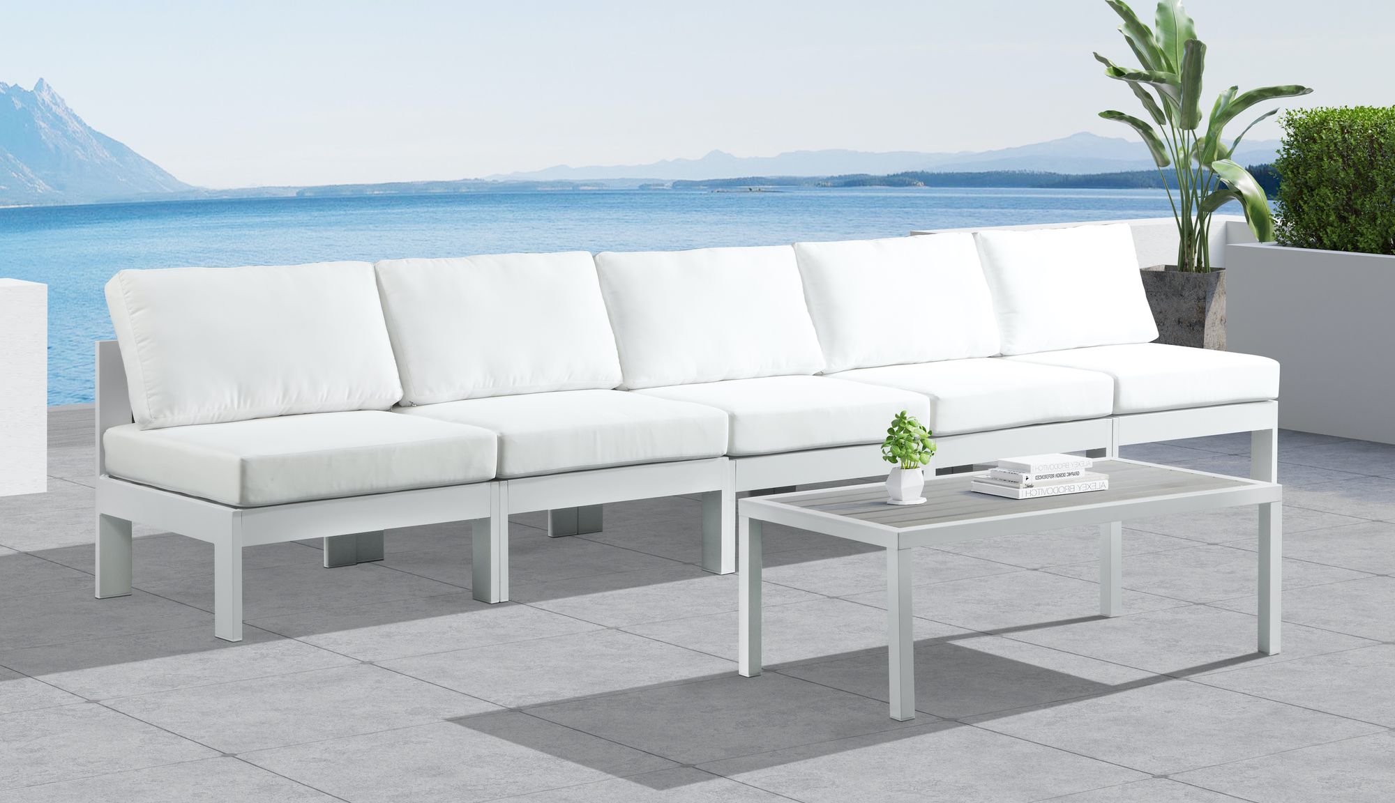 Nizuc 150" Outdoor Patio Waterproof Fabric Armless Modular Sofa with White Aluminum Frame