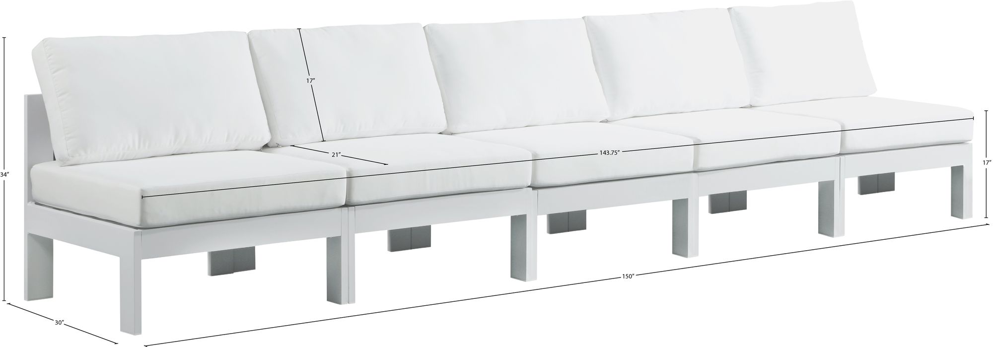 Nizuc 150" Outdoor Patio Waterproof Fabric Armless Modular Sofa with White Aluminum Frame
